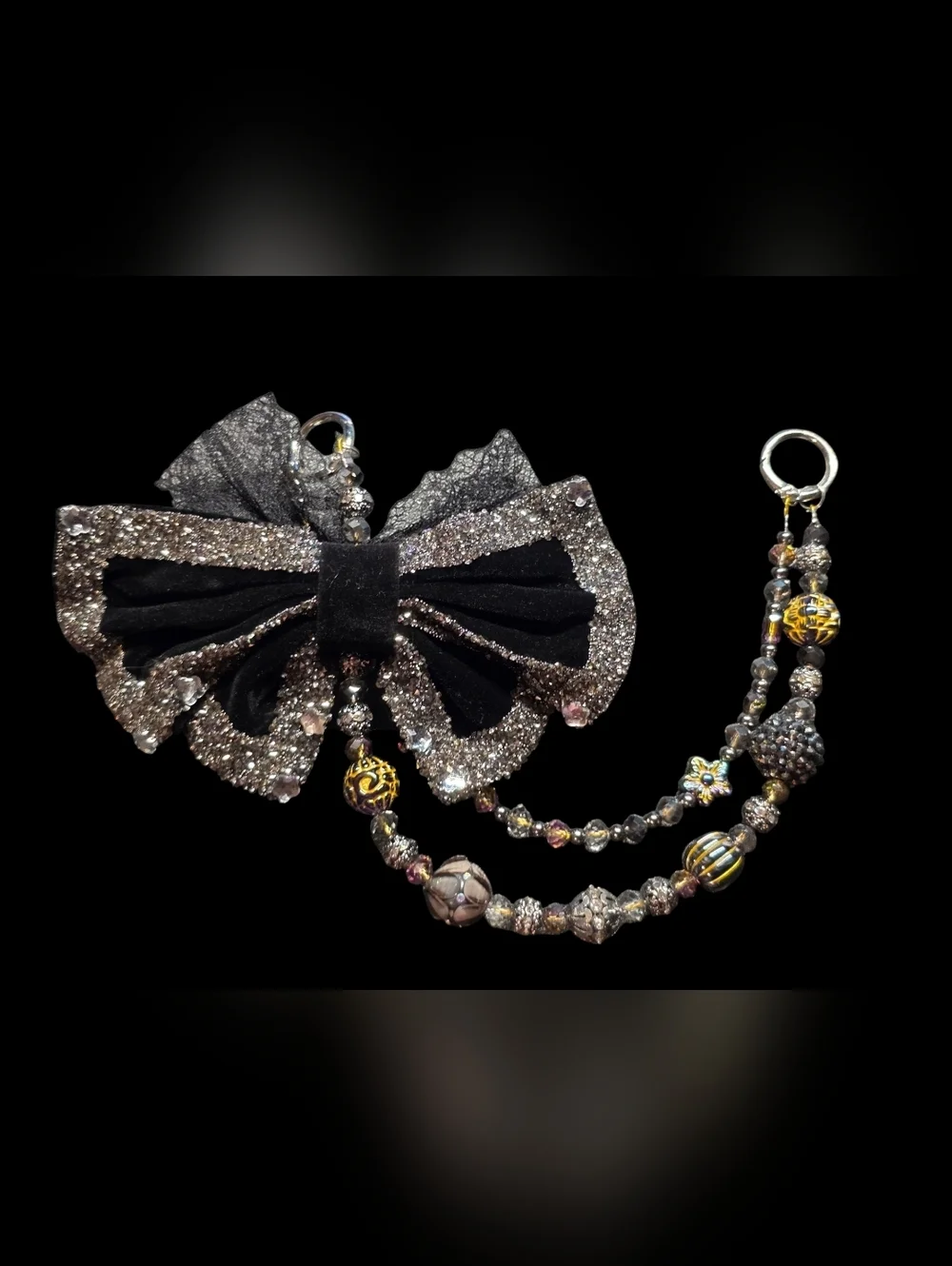 Elegant Black and Silver Bow Beaded Bag Charm